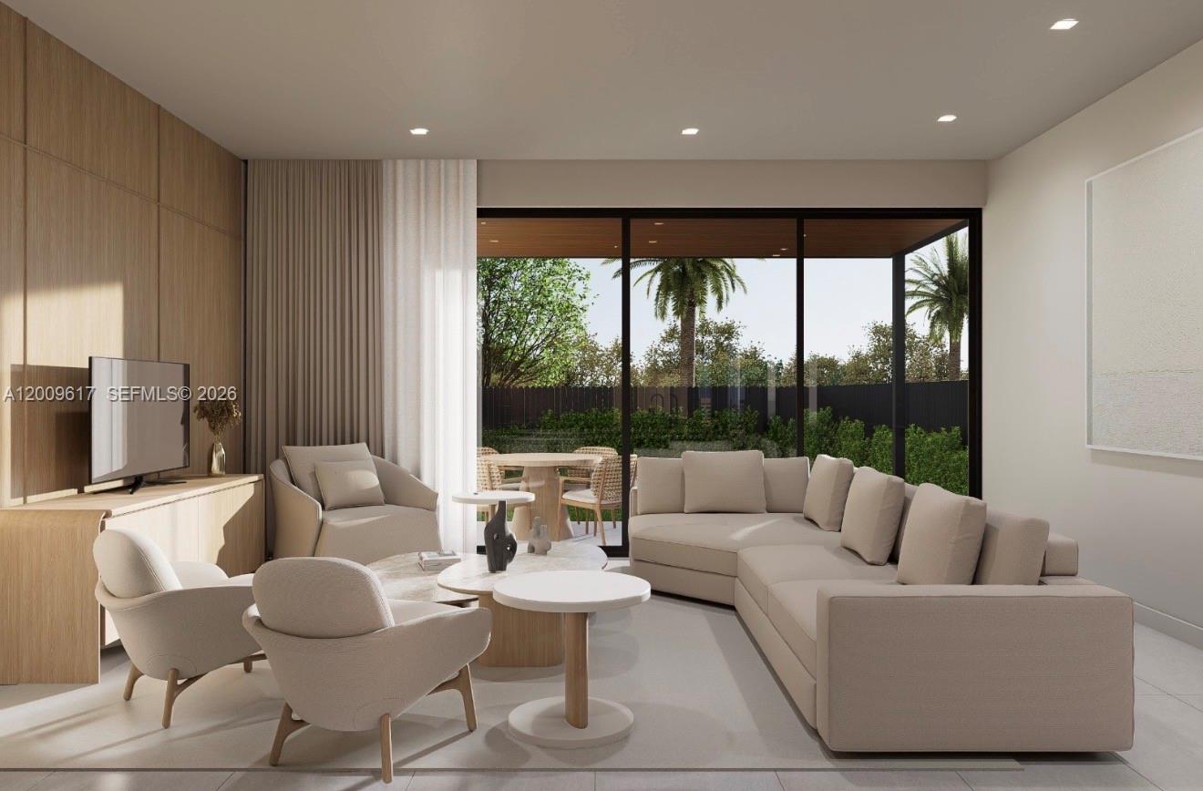 This rendering shows a modern living room with neutral furniture, wood paneling, and floor-to-ceiling windows — 1047 SW 13th Ave # B, Miami FL 33135, MIAMI, FL