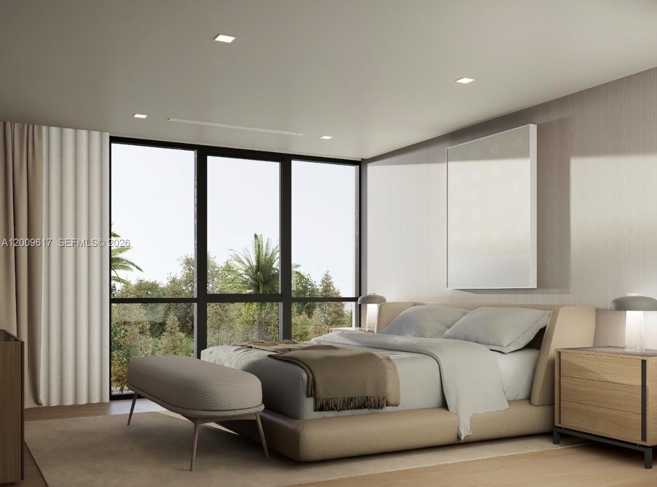 This is a rendering of a modern bedroom featuring a bed, bench, and floor-to-ceiling windows — 1047 SW 13th Ave # B, Miami FL 33135, MIAMI, FL