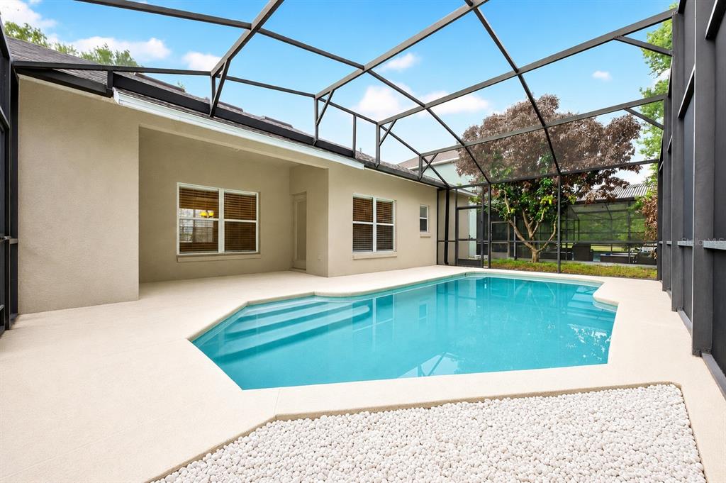 A screened-in patio features a swimming pool with steps and a light-colored concrete deck — 561 CAREY WAY, ORLANDO, FL