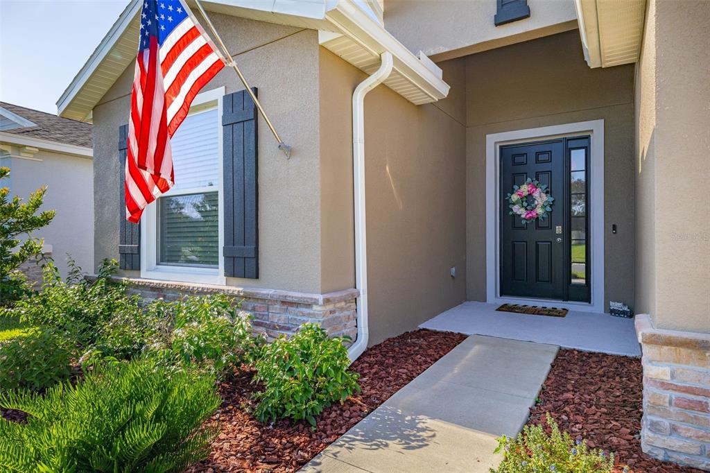 The exterior of a house features a tan facade, a black front door, and an American flag — 3512 CROOKED RIVER DRIVE, PLANT CITY, FL