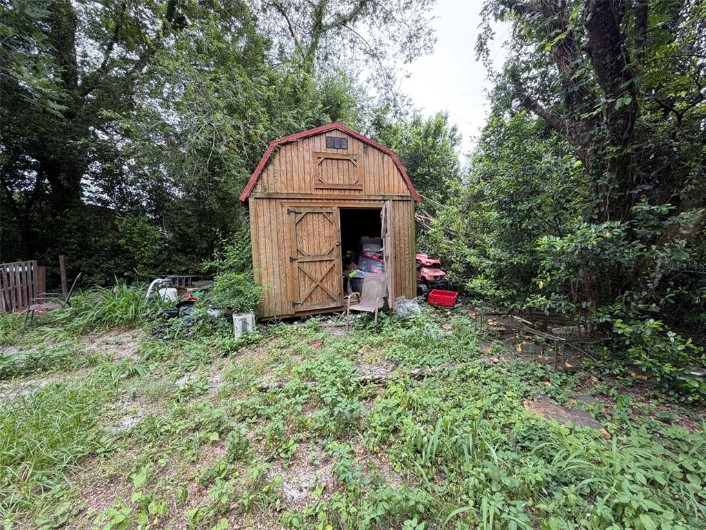 A wooden storage shed with a gambrel roof sits in an overgrown, wooded backyard — 39412 MERCER ROAD, DADE CITY, FL