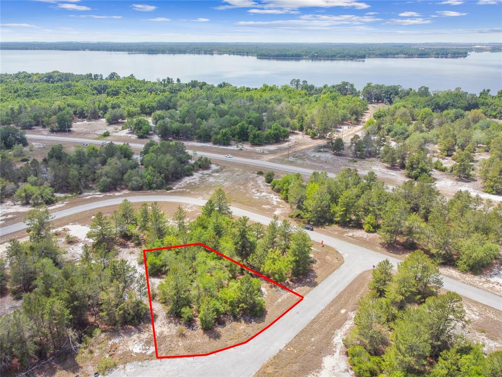 An aerial view shows a vacant, wooded lot outlined in red near a lake — 602 HOMOSASSA WAY, KISSIMMEE, FL