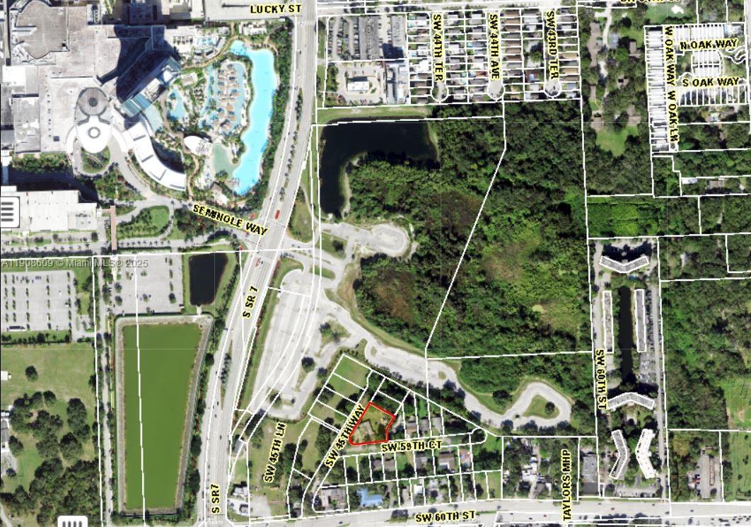 This is an aerial map showing a residential lot outlined in red near a highway — 5920 SW 45TH WY, Davie FL 33314, DAVIE, FL