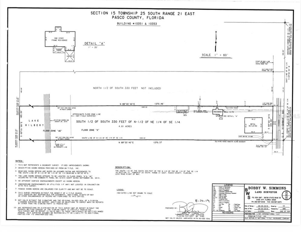 This is a land survey map showing property boundaries, structures, and features for a Florida lot — 10351 US HIGHWAY 301, DADE CITY, FL