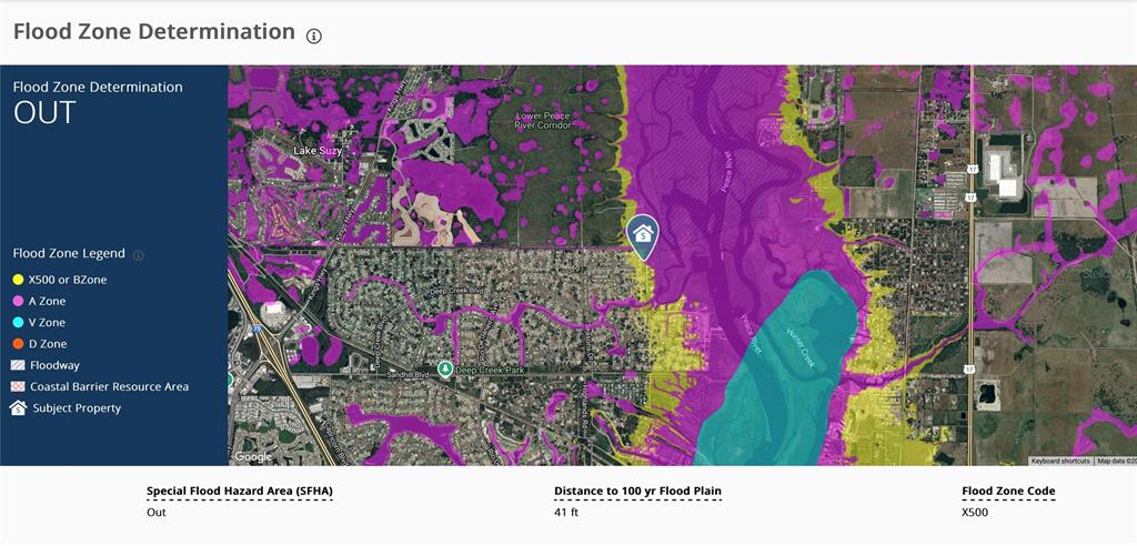 This map displays a flood zone determination for a property located near the Peace River — 27277 GUAPORE DRIVE, PUNTA GORDA, FL