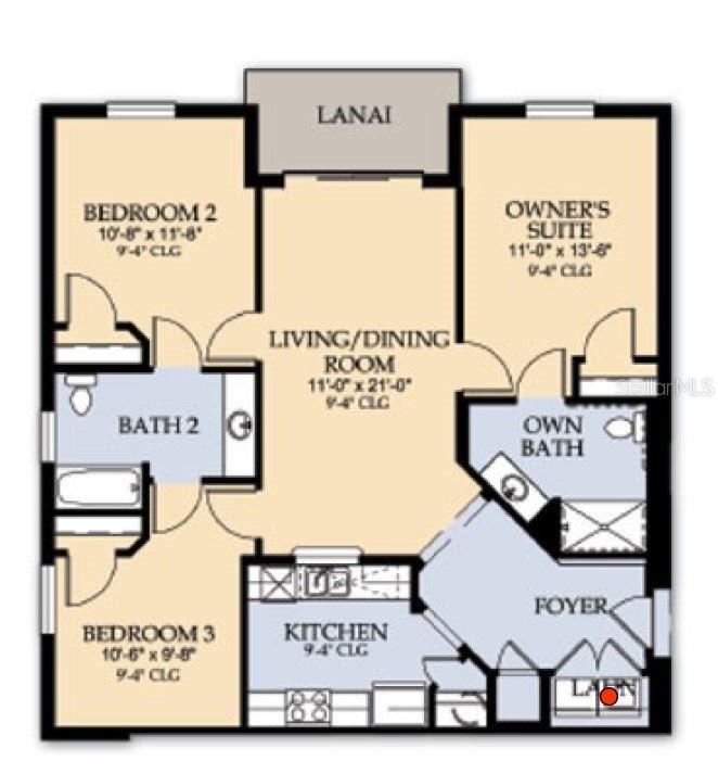 This floor plan shows a three-bedroom, two-bathroom apartment layout with a central living area — 4862 CAYVIEW AVENUE UNIT 30809, ORLANDO, FL