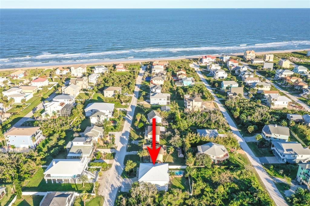 An aerial view shows a coastal neighborhood with a red arrow pointing to a house — 42 MOODY DRIVE, PALM COAST, FL