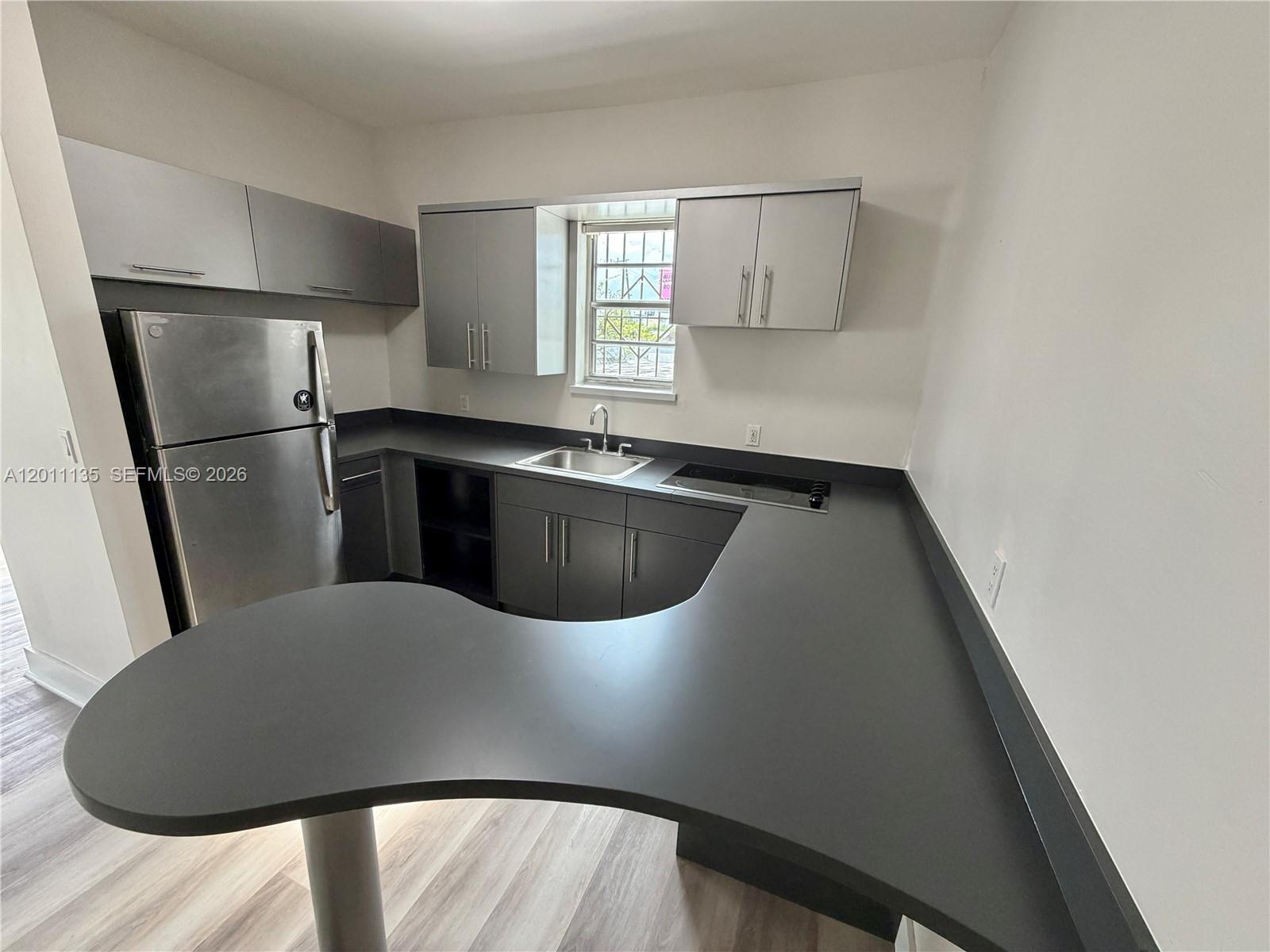 A kitchen features dark gray cabinets, a curved countertop, and stainless steel appliances — 173 NW 36th St # 2, Miami FL 33127, MIAMI, FL