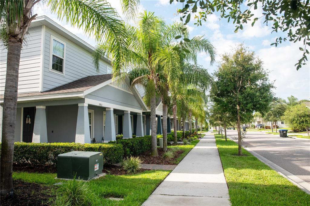 A two-story house with a covered porch, palm trees, and a sidewalk along the street — 5963 GLORY BOWER DRIVE, WINTER GARDEN, FL