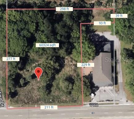 This is an aerial map showing a vacant, wooded lot with its property boundaries and dimensions — 1720 W 1ST STREET, SANFORD, FL
