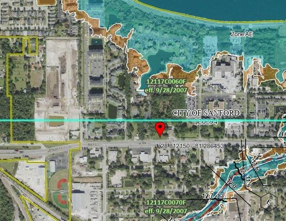 This is a flood zone map showing a property location marked with a red pin — 1720 W 1ST STREET, SANFORD, FL