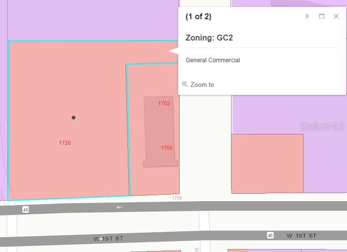This map shows the GC2 General Commercial zoning designation for a specific property parcel — 1720 W 1ST STREET, SANFORD, FL