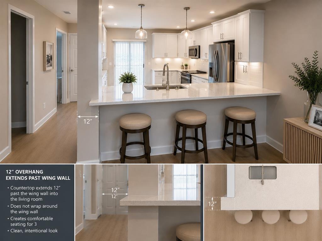 A modern kitchen features white cabinets, stainless steel appliances, and a view into the dining area — 717 OAK PARK PLACE, BRANDON, FL