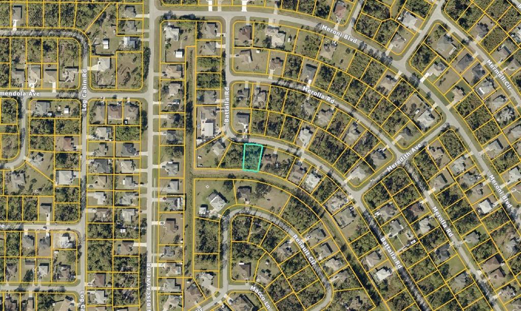 This is an aerial map view of a residential neighborhood highlighting a vacant lot — Lot #10 BATTALLA ROAD, NORTH PORT, FL