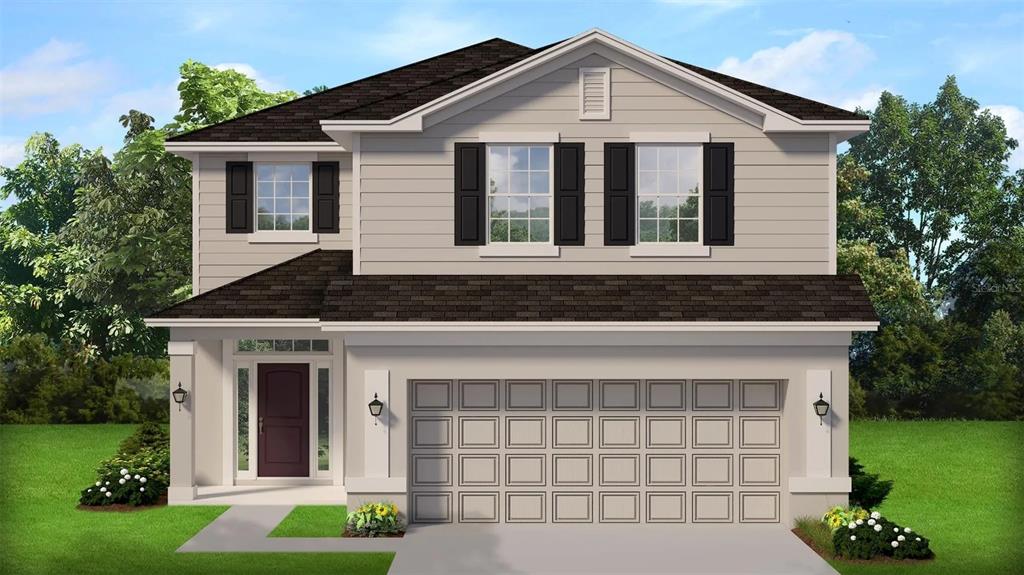 A digital rendering of a two-story suburban house with a two-car garage and light siding — 616 SW ROSEMARY DRIVE, LAKE CITY, FL