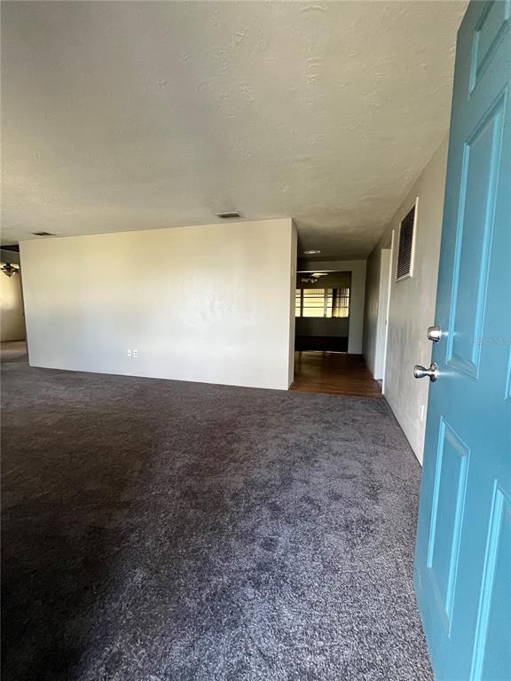 A view from a blue door into a living room with gray carpet and walls — 4144 KIBLER LANE, HOLIDAY, FL