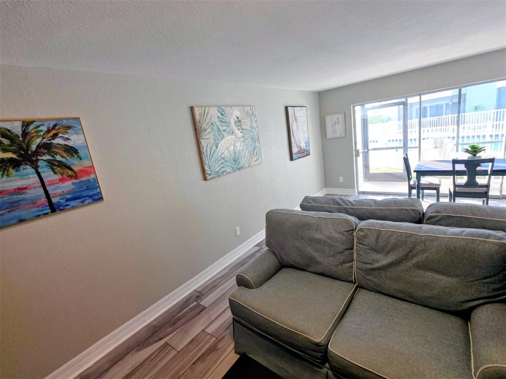 A living room features gray walls, wood-look flooring, a gray sofa, and a sliding glass door — 2566 GARY CIRCLE UNIT 5, DUNEDIN, FL
