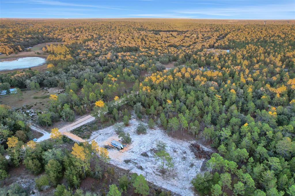 An aerial view shows a sandy clearing with a parked camper surrounded by dense forest — 161 WINDY HILLS ROAD, HAWTHORNE, FL