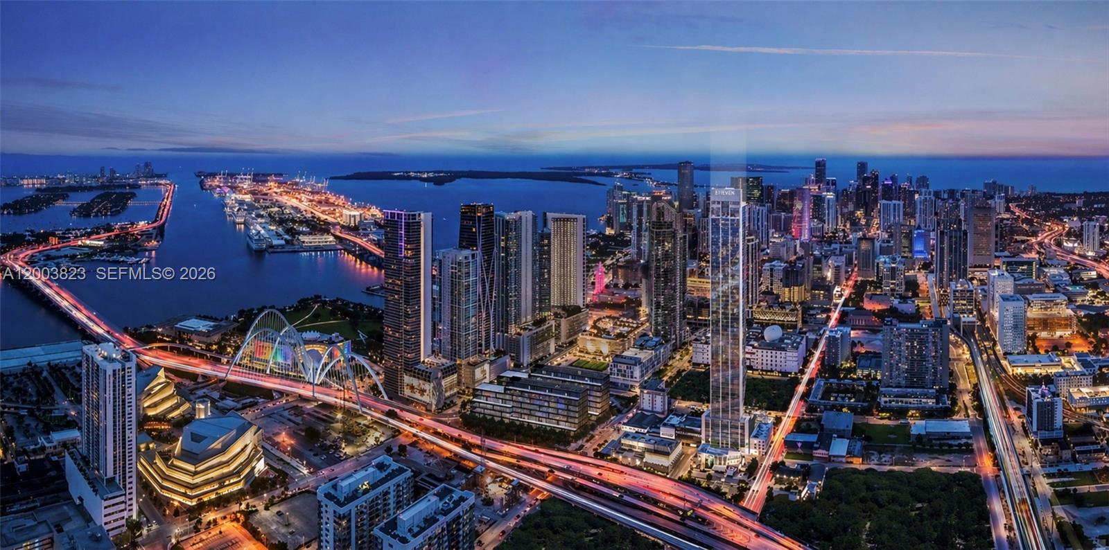 This is an aerial rendering of the Miami skyline at dusk featuring a prominent skyscraper — 20 NE 11th St # 4602, Miami FL 33132, MIAMI, FL