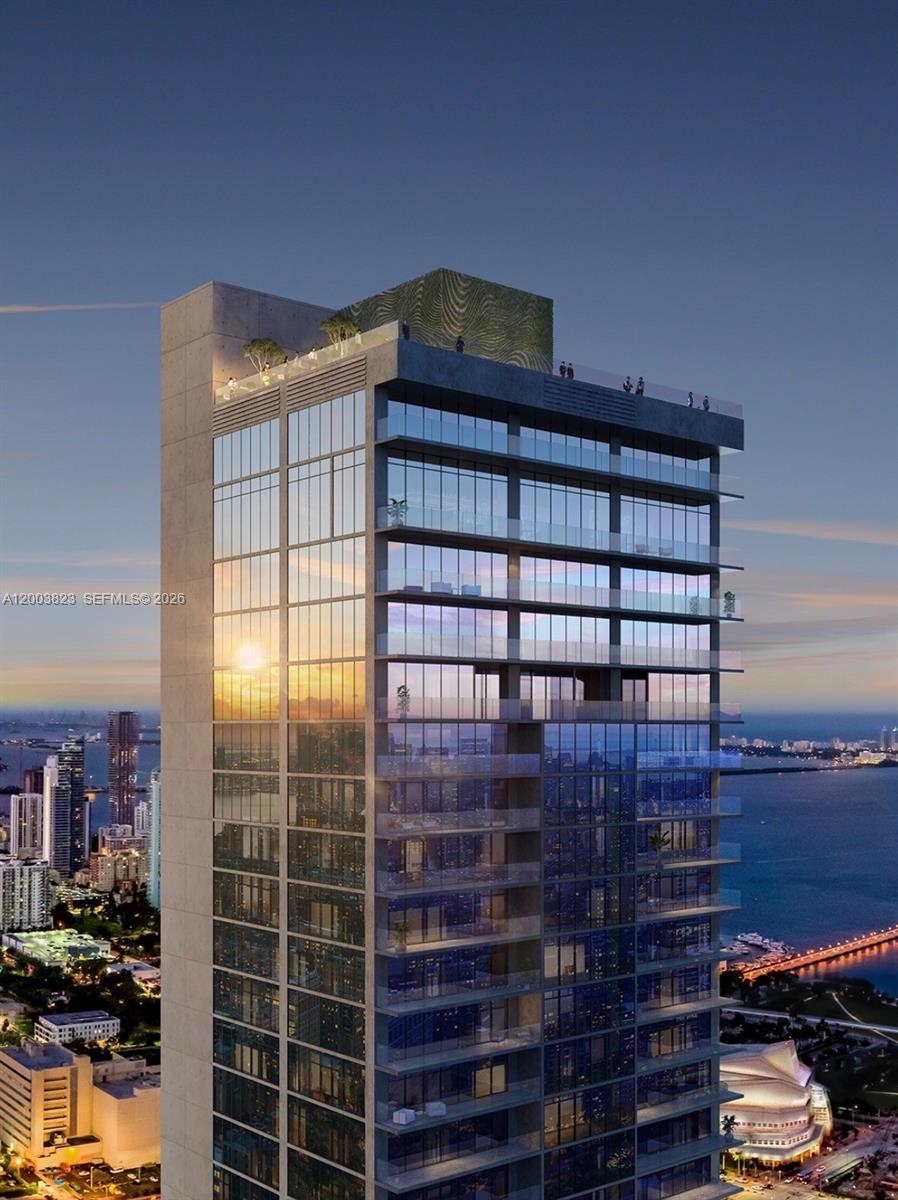 This is a rendering of a modern high-rise residential building at twilight — 20 NE 11th St # 4602, Miami FL 33132, MIAMI, FL
