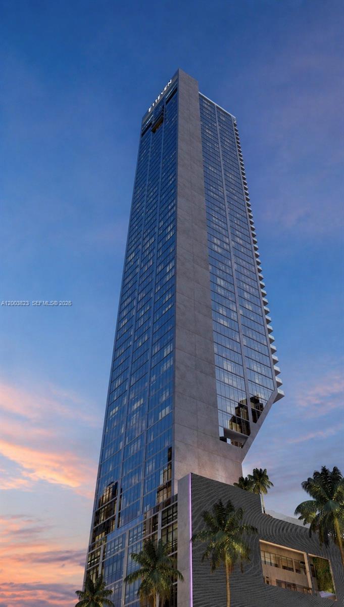 This is a digital architectural rendering of a modern glass skyscraper at dusk — 20 NE 11th St # 4602, Miami FL 33132, MIAMI, FL
