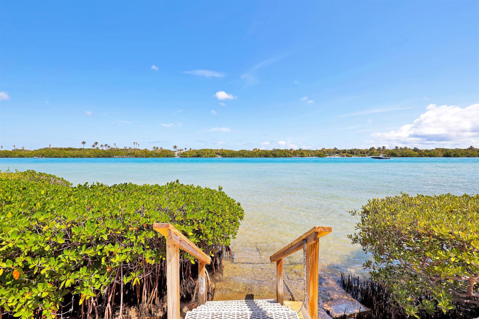 A wooden staircase leads from a mangrove-lined shore into shallow, clear coastal water — 100 Waterway Road # A303, Jupiter FL 33469, JUPITER, FL