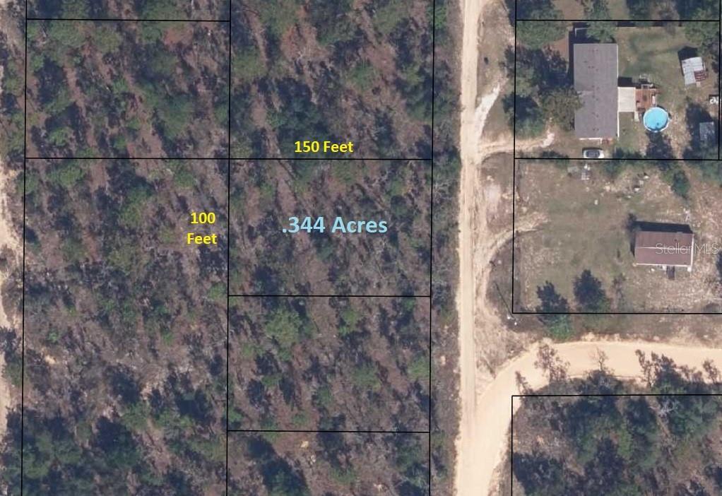This is an aerial map showing a rectangular plot of land measuring 100 by 150 feet — 7248 CITADEL STREET, KEYSTONE HEIGHTS, FL