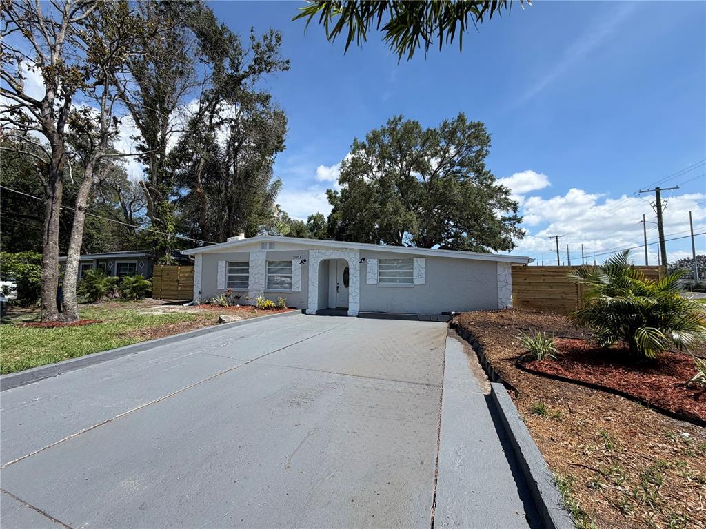 A single-story house with a white facade and a paved driveway under a blue sky — 3001 E FERN STREET, TAMPA, FL