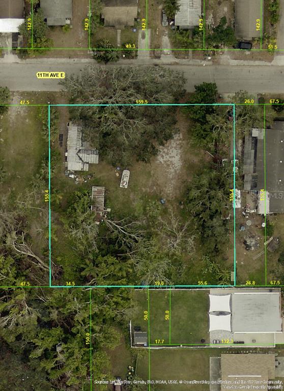 An aerial map shows a rectangular residential lot with trees and structures near a road — 200 11TH AVENUE E, BRADENTON, FL