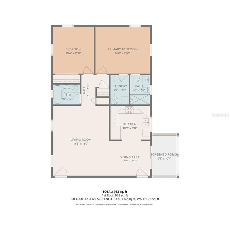 This is a floor plan showing a two-bedroom, two-bathroom apartment with a screened porch — 7001 PLACE DE LA PAIX UNIT 2A, SOUTH PASADENA, FL