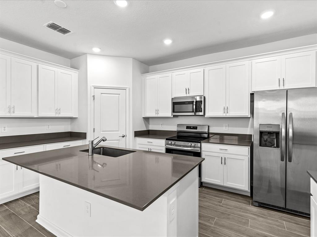A modern kitchen features white cabinets, dark gray countertops, stainless steel appliances, and wood-look flooring — 2952 ARMSTRONG AVENUE, CLERMONT, FL