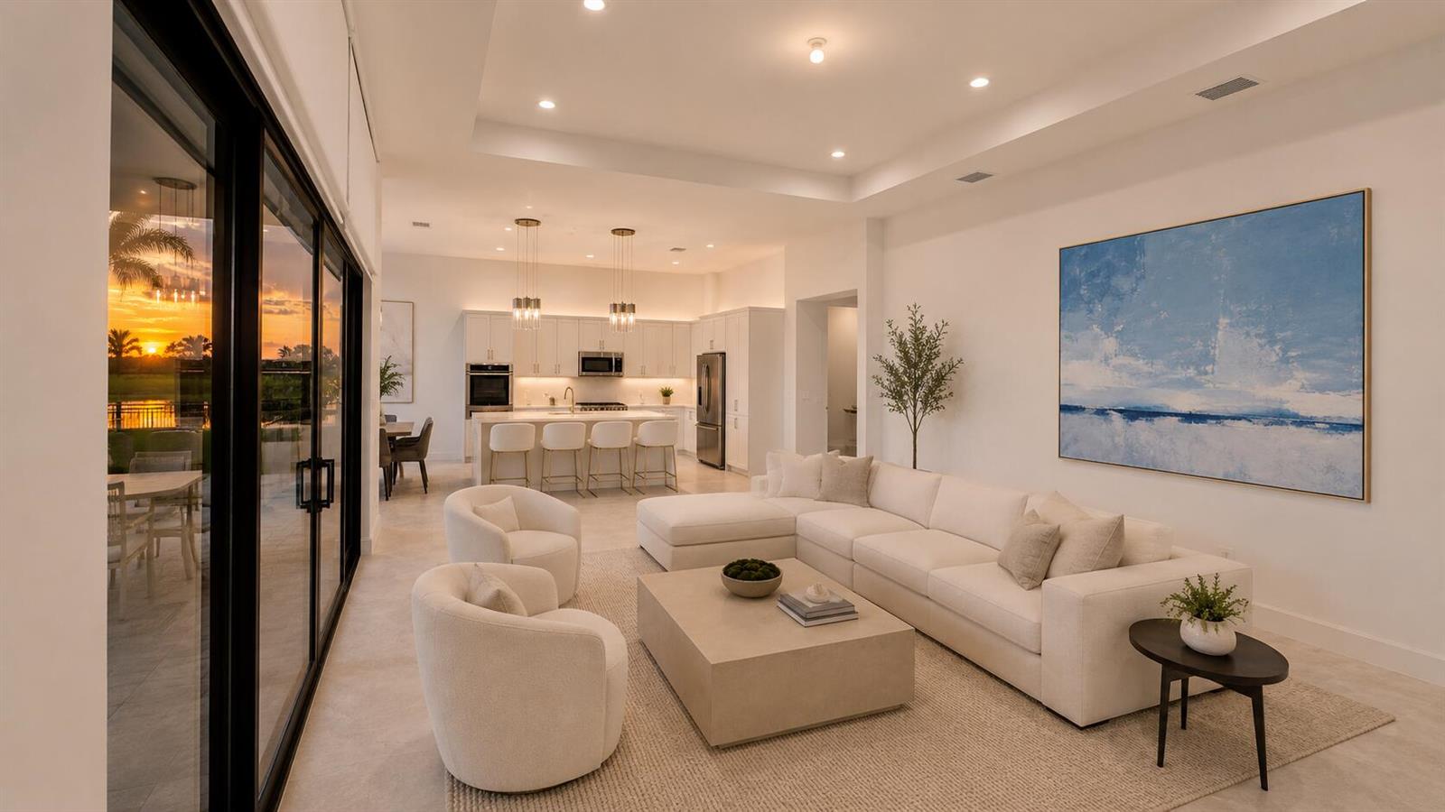 A modern open-concept living room and kitchen featuring white furniture, a large painting, and patio — 9674 Spruce Woods Drive, Boynton Beach FL 33473, BOYNTON BEACH, FL