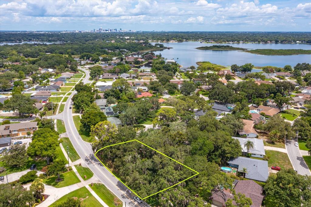 An aerial view shows a vacant, tree-covered lot outlined in yellow next to a road — GRAN LAC AVENUE, BELLE ISLE, FL