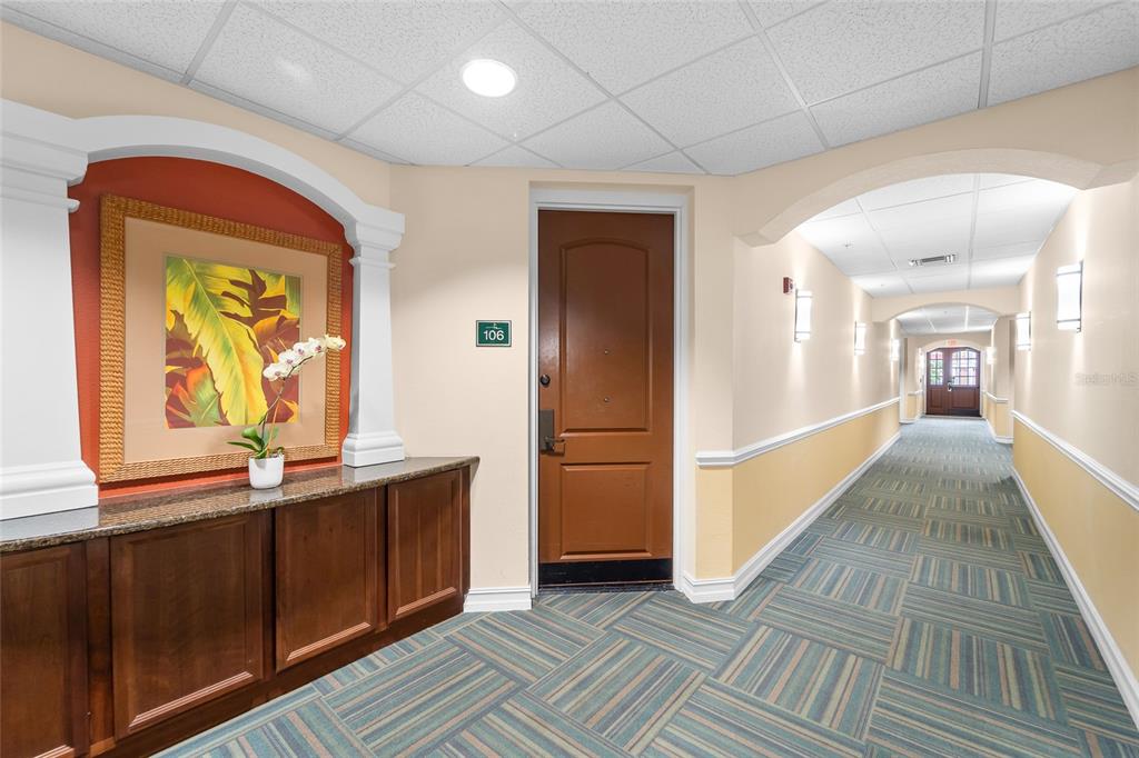 A hallway features a brown door, a wooden console table, and patterned carpet flooring — 13941 CLUBHOUSE DRIVE UNIT 106, TAMPA, FL