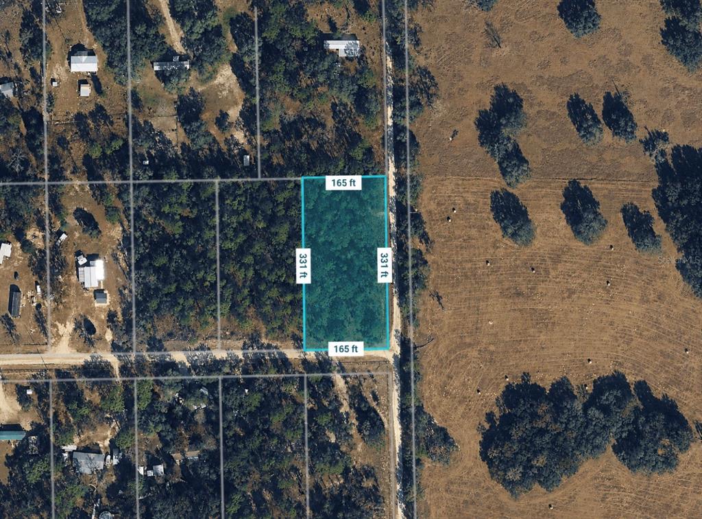 An aerial map shows a rectangular, wooded plot of land measuring 165 feet by 331 feet — Unassigned SE 67TH PLACE, MORRISTON, FL