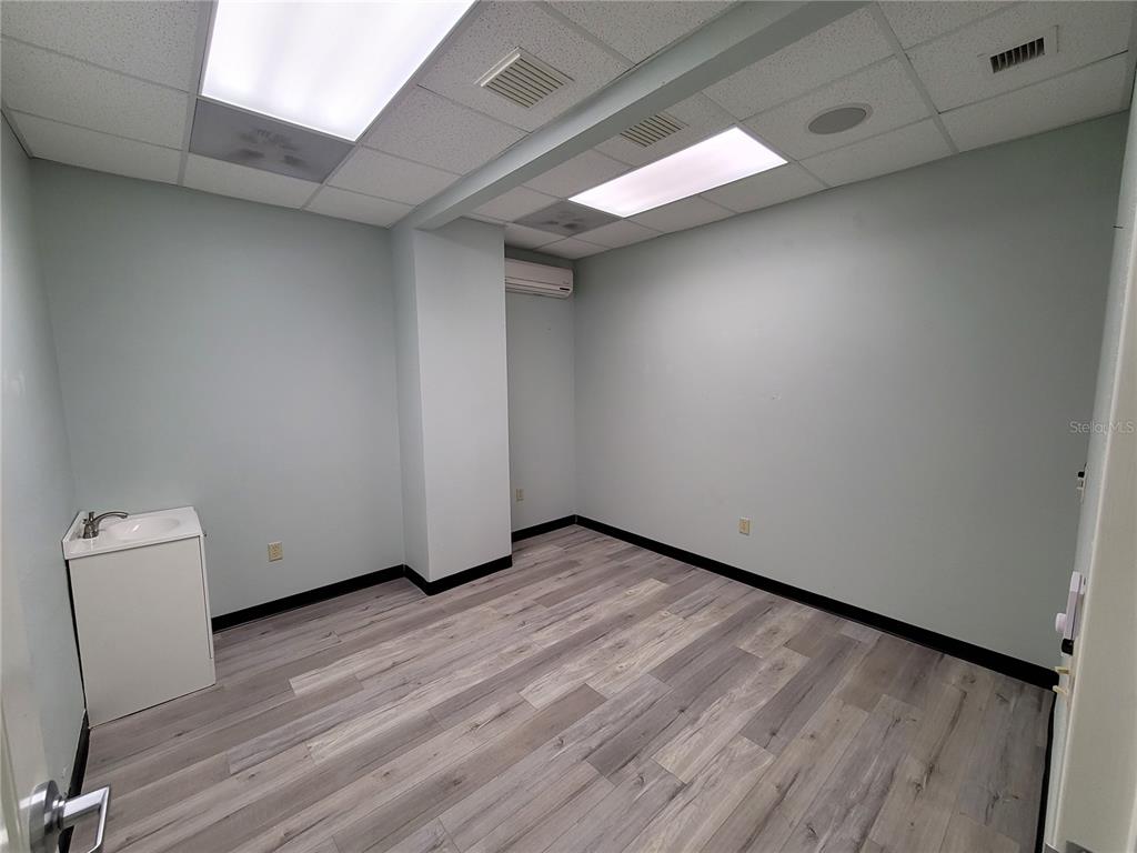 An empty office room features light blue walls, wood-look flooring, a sink, and ceiling lights — 37310 PURE WATER WAY, ZEPHYRHILLS, FL