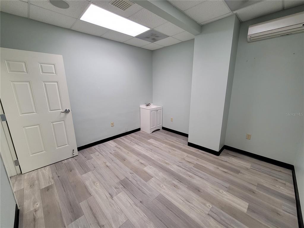 An empty office room features light blue walls, wood-look flooring, a white sink, and a door — 37310 PURE WATER WAY, ZEPHYRHILLS, FL