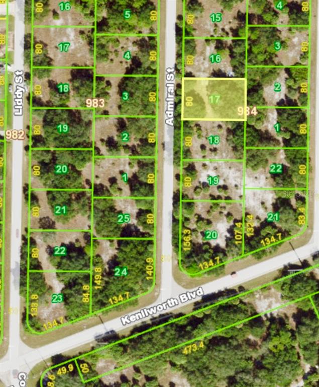 This is a map showing a residential lot highlighted in yellow within a subdivision — 458 ADMIRAL STREET, PORT CHARLOTTE, FL