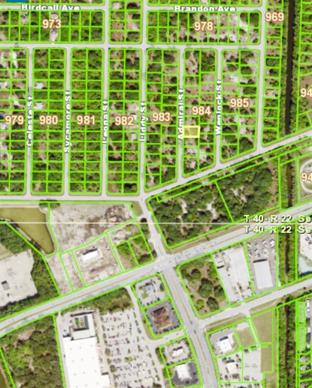 This is an aerial map showing a highlighted vacant lot within a residential subdivision — 458 ADMIRAL STREET, PORT CHARLOTTE, FL