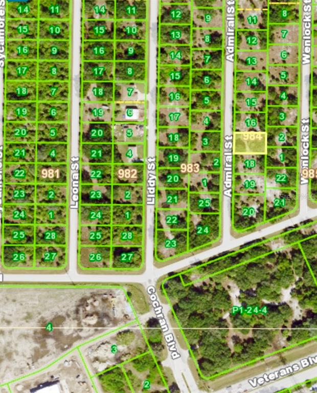 This is a map showing a grid of land parcels and street names in a neighborhood — 458 ADMIRAL STREET, PORT CHARLOTTE, FL