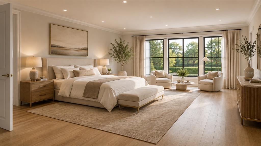This is a rendering of a modern bedroom with a king bed, seating area, and windows — 942 ENCLAVE PLACE, WINTER PARK, FL