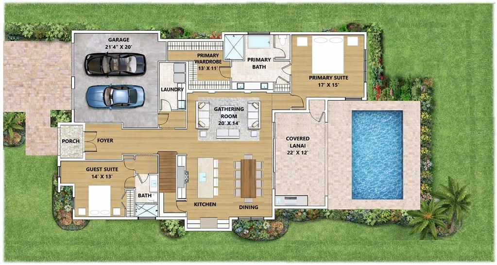 This floor plan shows a single-story house with a garage, pool, and covered lanai — 942 ENCLAVE PLACE, WINTER PARK, FL