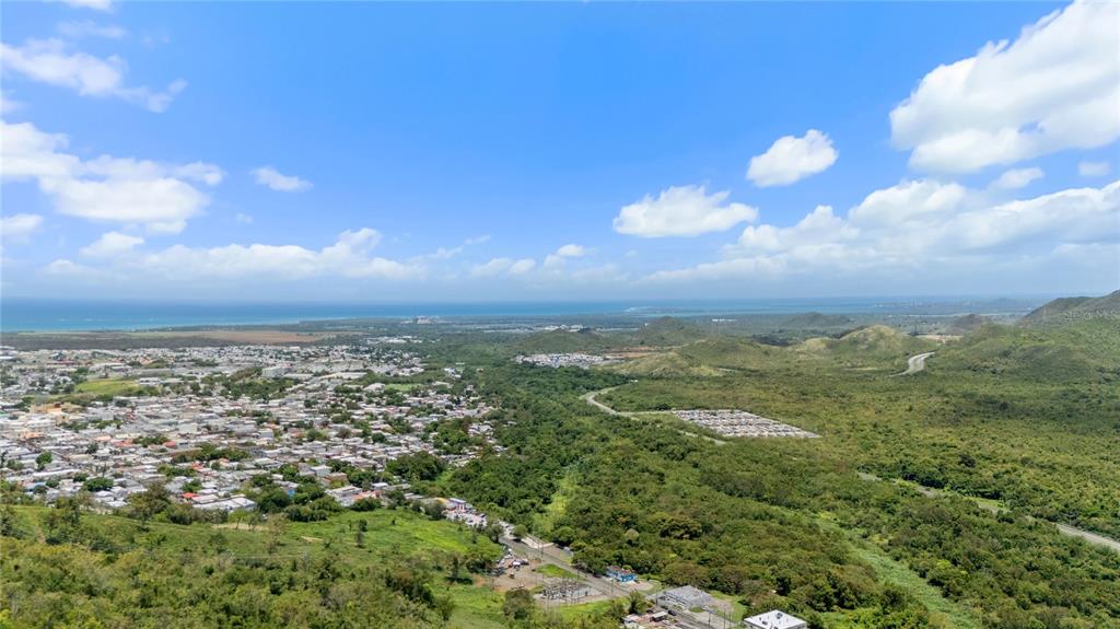 An aerial view shows a coastal town nestled between lush green hills and the ocean — PR-748 CAIMITAL, GUAYAMA, PR
