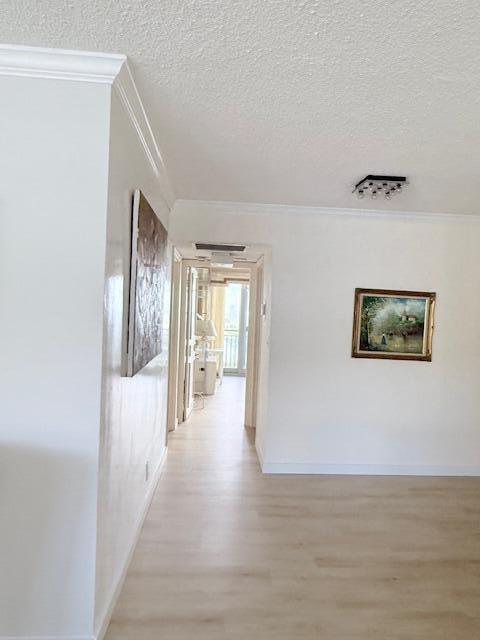 A bright hallway with light wood flooring leads to a balcony door in a white room — 1180 S Ocean Boulevard # D, Boca Raton FL 33432, BOCA RATON, FL