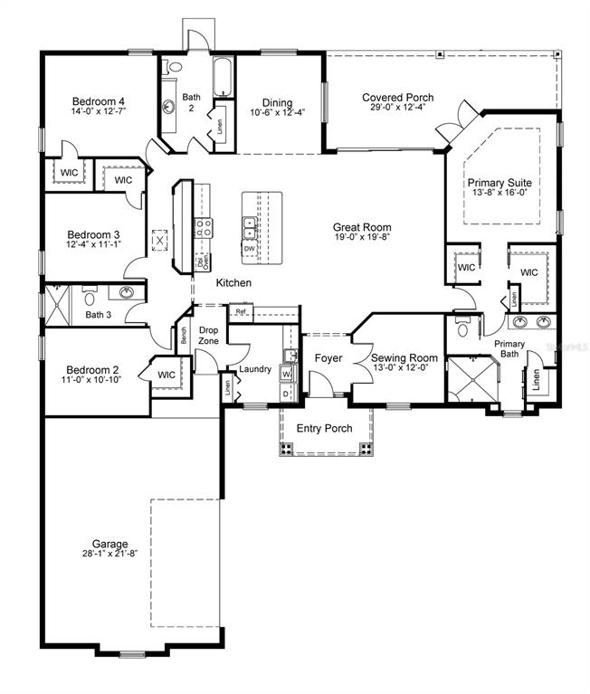 This is a floor plan for a single-story house featuring four bedrooms and a garage — 38514 WOODED MEADOW DRIVE, UMATILLA, FL