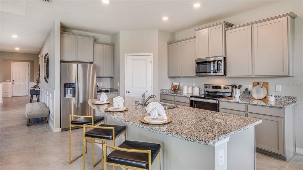 A modern kitchen features gray cabinets, granite countertops, a central island, and stainless steel appliances — 32693 DULUTH DRIVE, WESLEY CHAPEL, FL