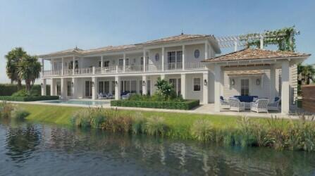 A rendering of a two-story waterfront house with a pool and a covered patio — 6746 Touchstone Circle, Palm Beach Gardens FL 33418, PALM BEACH GARDENS, FL