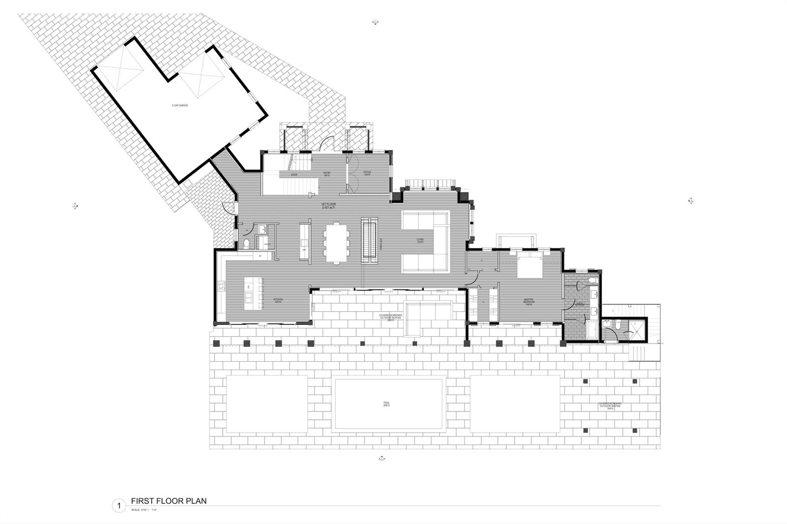 This is a floor plan for the first level of a house featuring a pool — 6746 Touchstone Circle, Palm Beach Gardens FL 33418, PALM BEACH GARDENS, FL