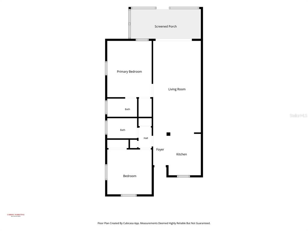 This is a floor plan showing a two-bedroom, two-bath home with a screened porch — 4209 REDCLIFF PLACE, NEW PORT RICHEY, FL