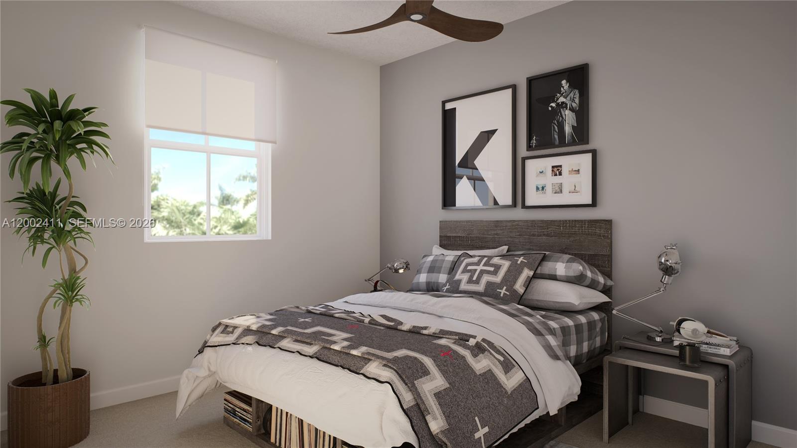 This is a rendering of a bedroom featuring a bed, a plant, and wall art — 748 SE 15 ST, Homestead FL 33034, HOMESTEAD, FL
